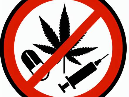 A prohibition symbol featuring a marijuana leaf, a pill, and a syringe inside a red circle