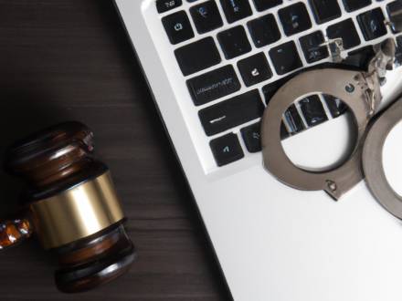 A gavel next to a pair of handcuffs on a laptop keyboard.